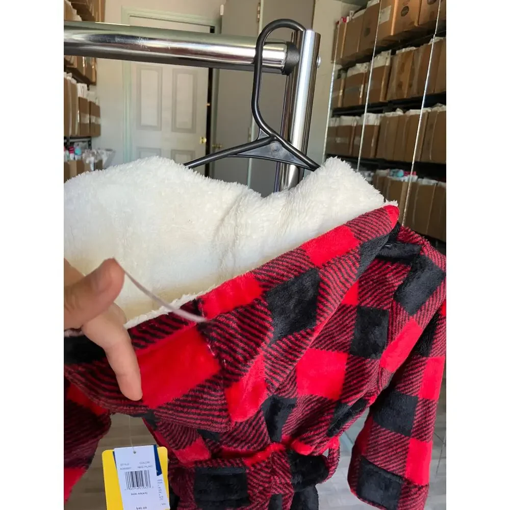 Fleece Long Sleeve Knee Length Robe, Color: Red Plaid Size XS(4/5)